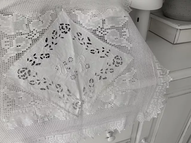 Linge Ancien Petite Nappe De mariage lin Et Dentelle  Monogramme L B Napoléon