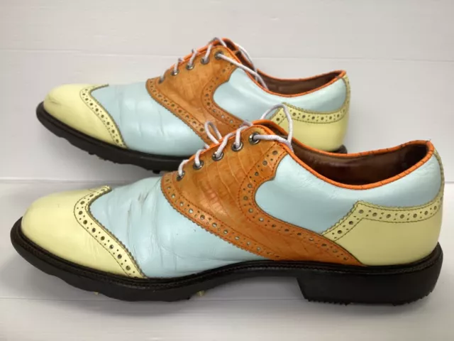 Footjoy Myjoys Dryjoys Golf Shoes Leather Yellow/Blue/Brown Uk 7.5 FJ