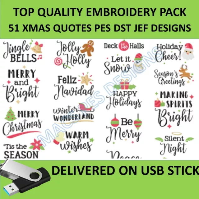 Christmas quotes 51 PES DST JEF designs on usb brother Machine Embroidery files