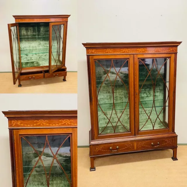 Sublime Edwardian Mahogany, Emerald Velvet  Lined, Inlaid Display Cabinet