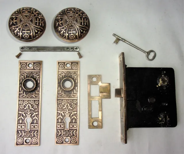 Antique Door Set Victorian / Eastlake Backplate Knob Mortise Lock Key Reclaimed