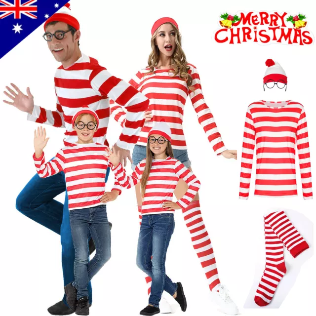 Women Men Kids Wheres Wally T-shirt Glasses Hat Socks Christmas Costume Cosplay