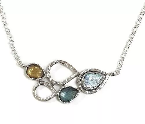 Roman Glass Silver 925 Gemstones Blue Topaz Necklace Ancient Fragments 200 B.C.