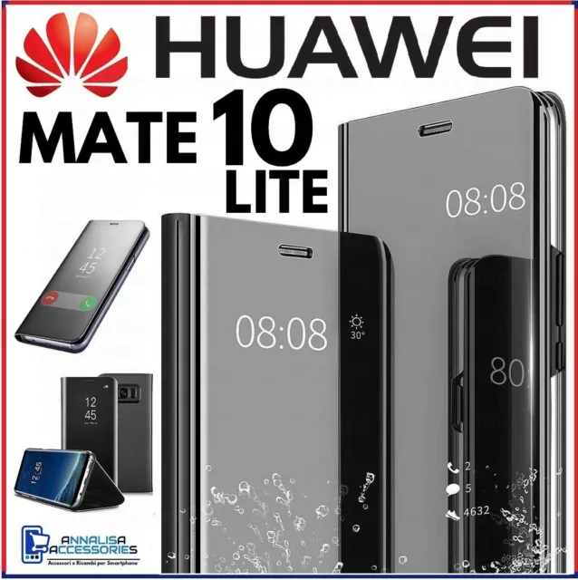 Pour HUAWEI MATE 10 LITE HOUSSE ETUI COQUE NOIR MIROIR CLEAR VIEW FLIP CASE