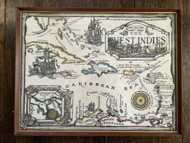 West Indies Island Workshop Caribbean Sea Framed Pirate Map Vintage 1965