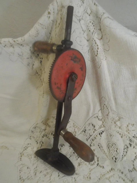 Antique Red/Black Enameled FULTON Cast Iron w/Wood Handled Hand-Crank Drill Tool