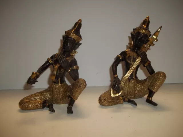 2 Vintage Gold Gilded Sitting Temple Players BUDDHA Hindu Statue Figurine