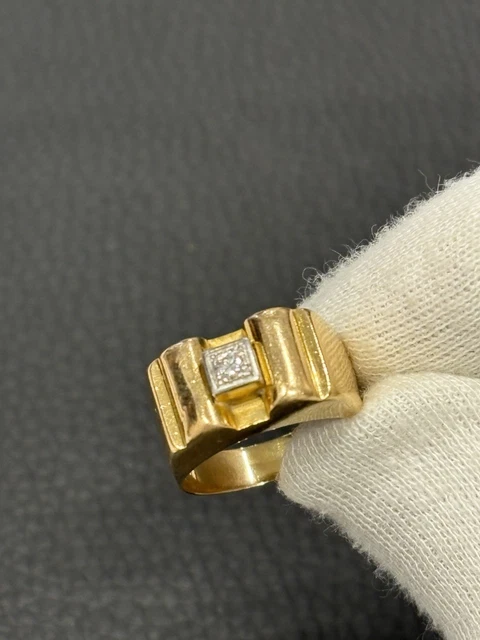 Bague Tank Or 18K Et Platine Avec Diamants Et Rubis - Années 40 - Taille 57