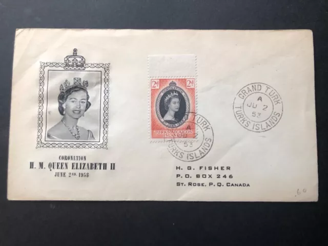 Turk & Caicos 1953 QEII Coronation Art Craft/Fisher’Grand Turk’First Day Cover