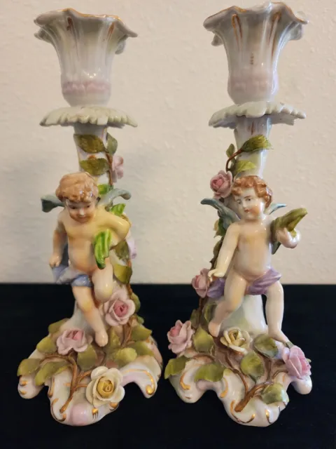 Rare Antique Pair Of Rococo Porcelain Dresden Von Schierholz Candlesticks CLEAN!