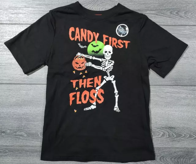 Boys Medium 8 Candy First then Floss Skeleton Pumpkin Shirt Halloween Tee Gift