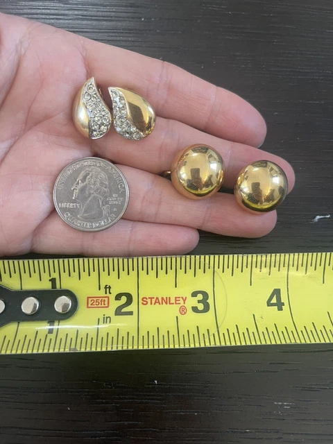 2 set Vintage CROWN TRIFARI gold tone Clip On Earring SIGNED Round Dome Teardrop