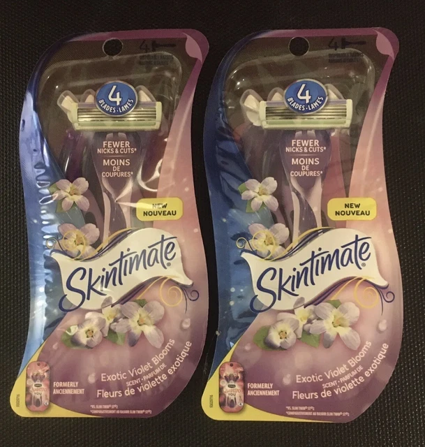 Paquete de 2 cuchillas de afeitar desechables Skintimate exótica con flor violeta para mujer