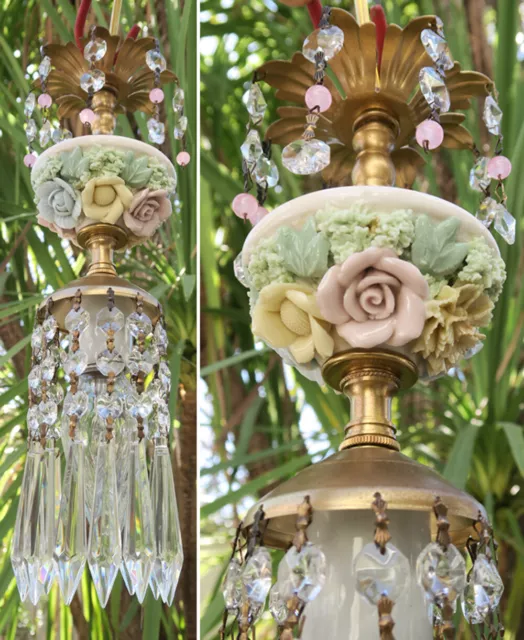 Vintage lamp Porcelain Pink Rose Lemon Brass tole chandelier Swag crystal beads