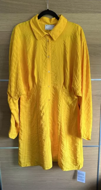 ASOS Size 18 Bright Yellow Texture Stripe Volume Sleeve Mini Shirt Dress Bnwt