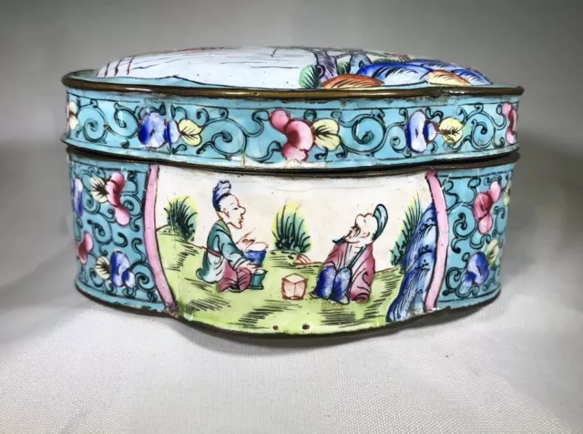 Antique Chinese Peking Canton Enamel Lobed Small Snuff Trinket Box LtBlue/Pastel