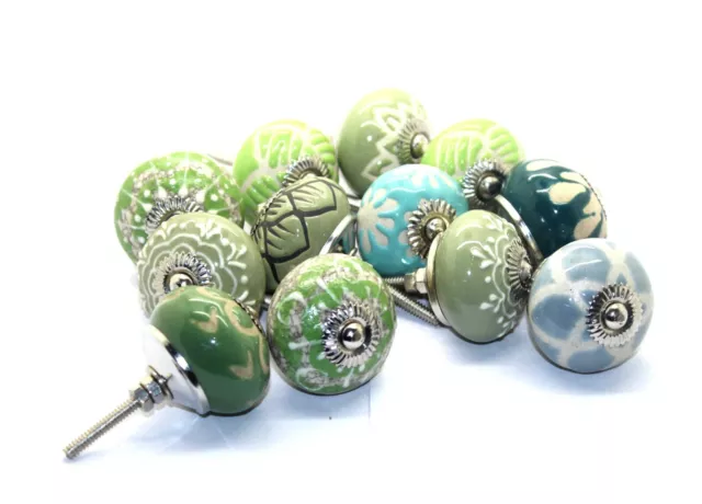 12 Pcs Ceramic Cupboard Cabinet Door Knobs Drawer Pulls & Hardware Green Floral 2