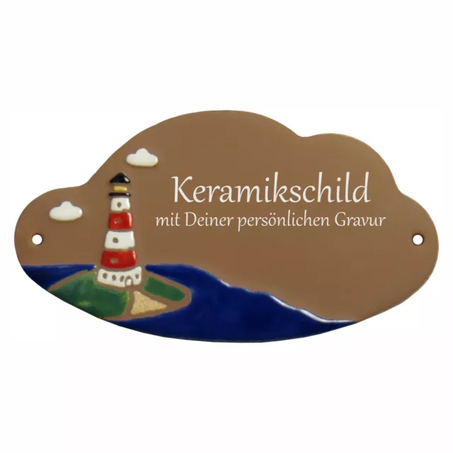 Keramikschild 17,5 x 10,0 cm mit Gravur personalisiert - Rot-weißer Leuchtturm