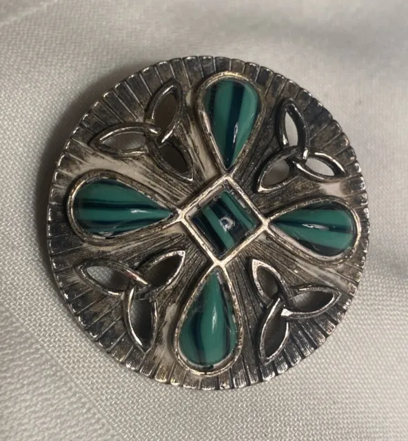 Vintage Signed MIRACLE Victorian Scottish Green Cabochon Brooch Pin