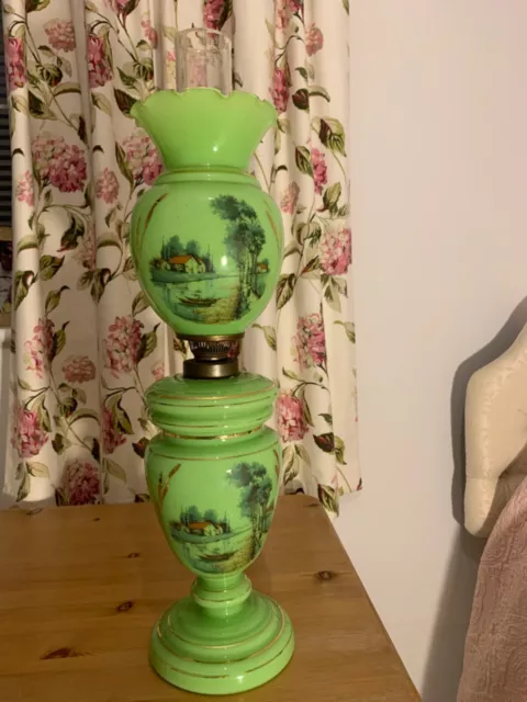 Rare Victorian Lime Green Oil Lamp