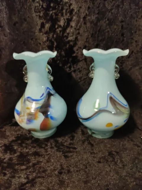 2 wunderschöne handgefertigte mundgeblasene Vasen blau/bunt marmoriert
