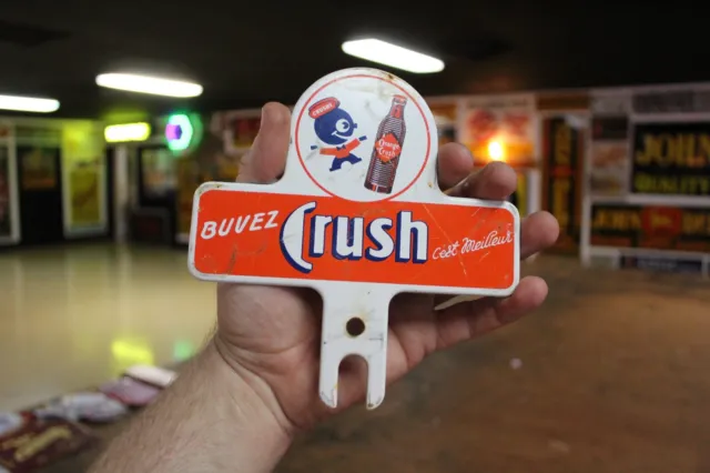 RARE 1950s BUVEZ ORANGE CRUSH SODA POP STMPED PAINTED METAL PLATE TOPPER SIGN