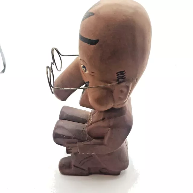 PAUL MARSHALL Vintage Hand Carved Wooden Statue Tattoo Man Spectacles Taiwan