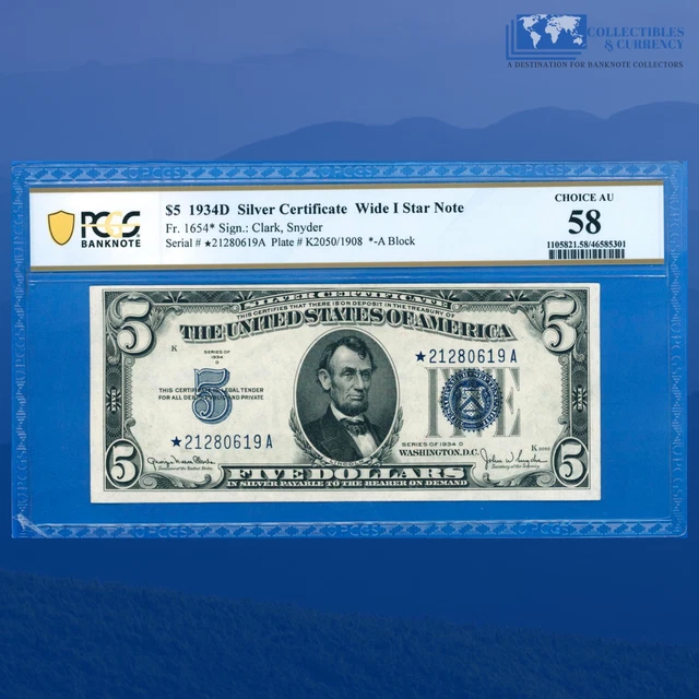 Fr.1654* 1934D $5 Five Dollars Star Note Silver Certificate, PCGS 58 #80619