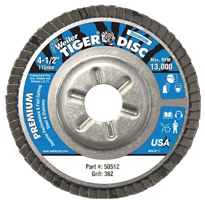 Tiger Disc Angled Style Flap Discs, 4 1/2 In, 36 Grit, 7/8 Arbor, Aluminum Back
