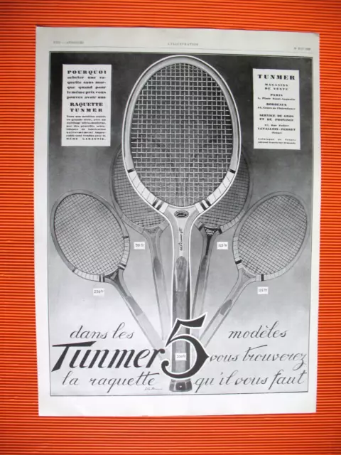Publicite De Presse Tunmer Raquette De Tennis 5 Modeles French Ad 1928