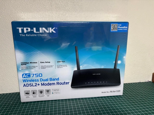TP-Link Archer D20 — AC750 dual-band ADSL2+ modem router. For phonelines.