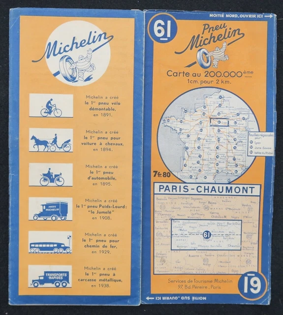 CARTE MICHELIN 55 CAEN PARIS 1951 Guide Bibendum pneu