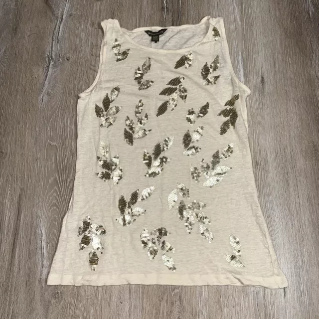 Tommy Bahama Women's 100% Linen Sequin Leaf Print Ivory Tank Top Size Medium