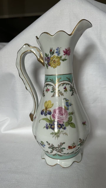 Vintage Paris Royal Flowers Porcelain Pitcher water vase 12 1/4”  gold EXC!!!!