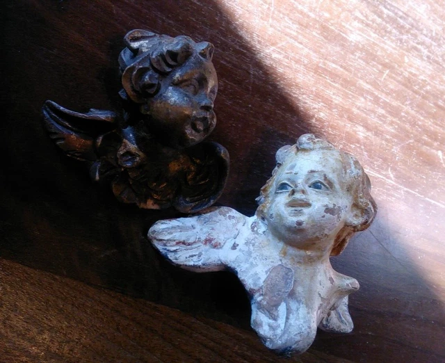 Pair Vintage Hand Carved Wood/Clay Cherub Angel Head Wall decor