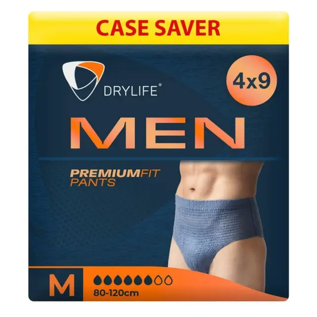 4x Drylife Men Premium Fit Incontinence Pants - Medium - Pack of 9 - 1300ml