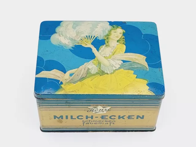 21 cm alte Blechbüchse Henze Milch-Ecken Antike Blechdose ca 1920-30