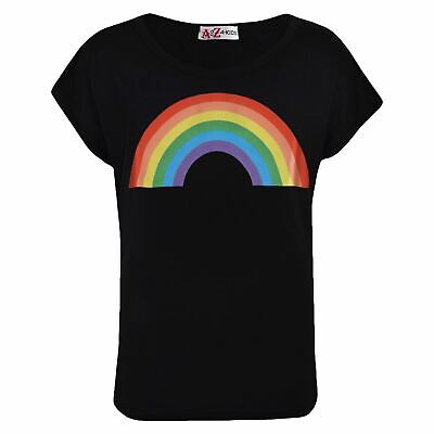 Girls T Shirt Kids Rainbow Print Stylish Round Neck Black T Shirt Tank Top Tees