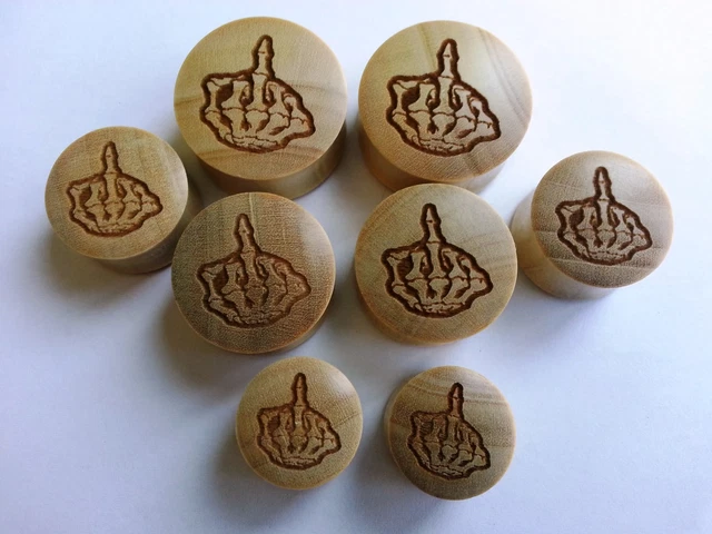 Pair ORGANIC Handmade Middle Finger Skeleton Crocodile Wood Ear Plugs Gauges 3