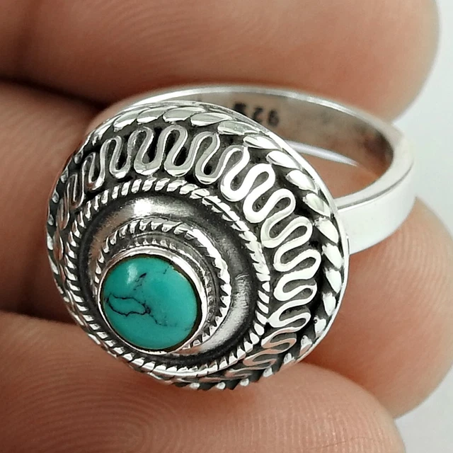 NATURAL TURQUOISE COCKTAIL Ethnic Ring Size J 1/2 925 Silver For Women