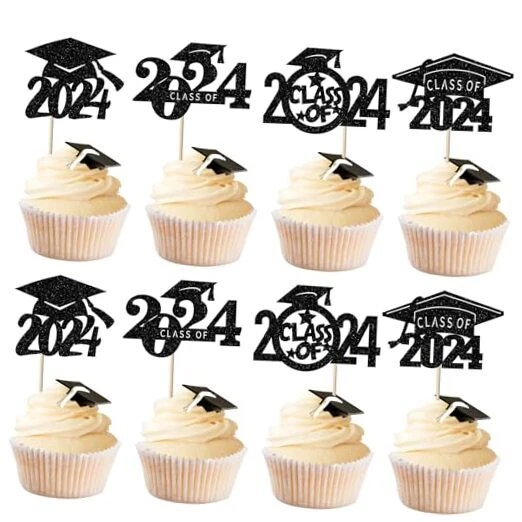 36 PACK GRADUATION Cupcake Toppers Glitter Diploma Grad Cap Cupcake