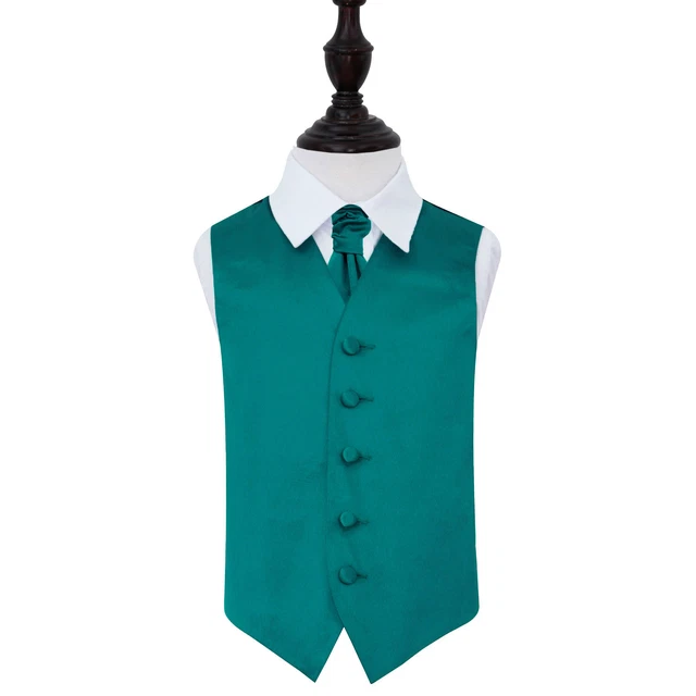 DQT Satin Plain Solid Teal Boys Wedding Waistcoat & Cravat Set