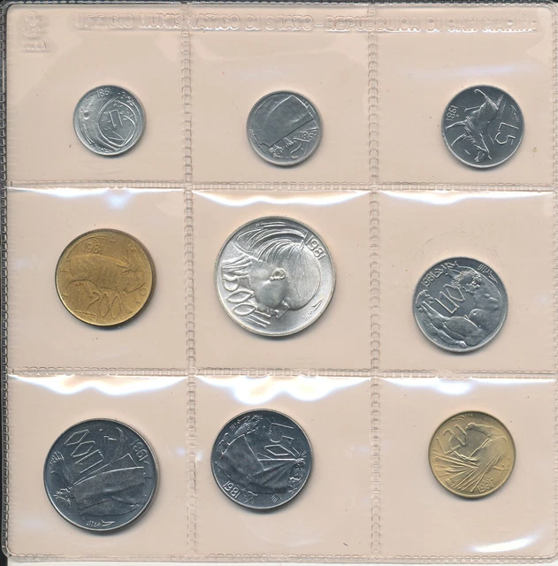 San Marino - 1+2+5+10+20+50+100+200+500 Lire 1981 UNC - Set Kms