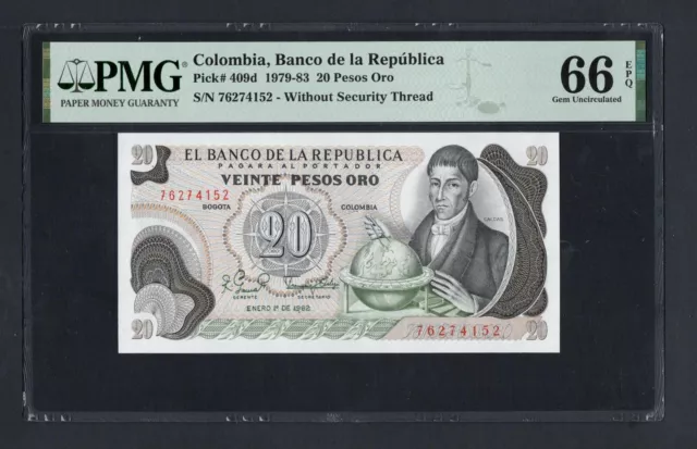 Colombia 20 Pesos Oro 1-1-1982 P409d Uncirculated Grade 66