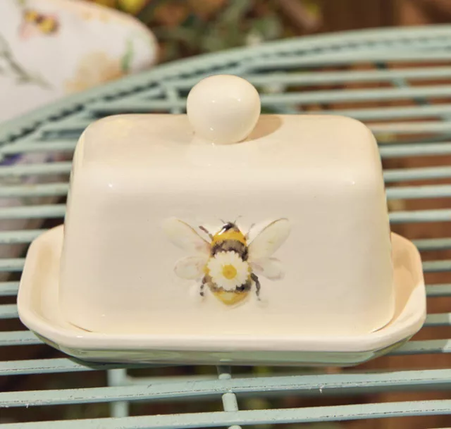 Cream Ceramic Queen Bee Painted Butter Dish With Lid