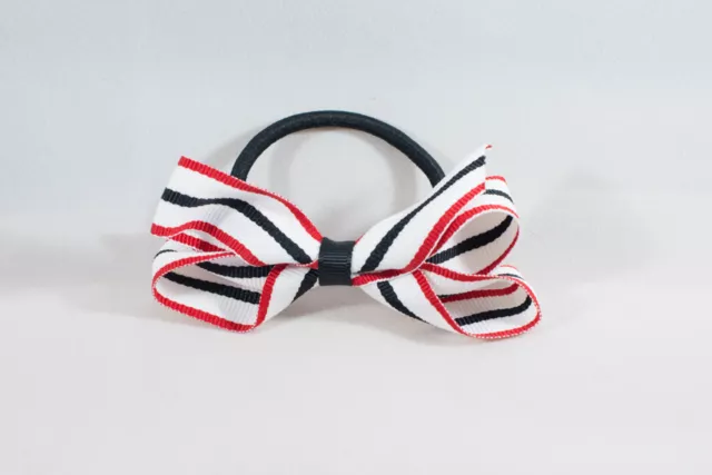 Unit of 10 Medium 3 Inch White/Black/Red Stripe Hair Bows on elastics Grosgrain