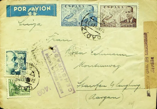 SPAIN 1940 WWII 4v ON CENSORED AIRMAIL COVER CADIZ TO SWITZERLAND W/ CACHET