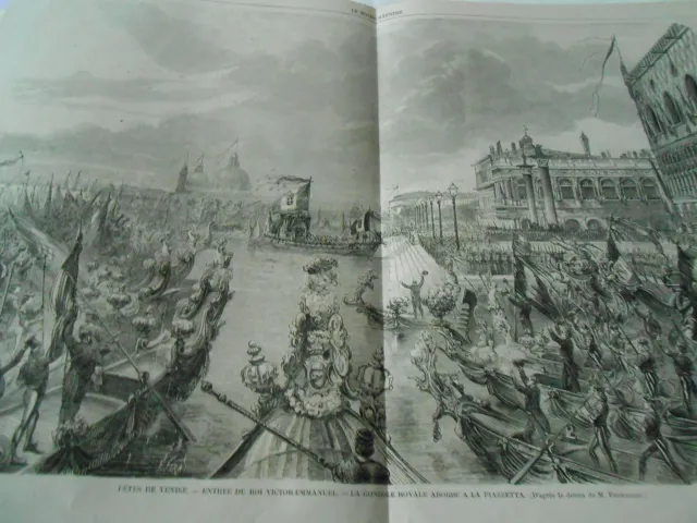 Large Engraving 1866 - Venice Feasts The Royal Gondola Boardes at the Plazzetta