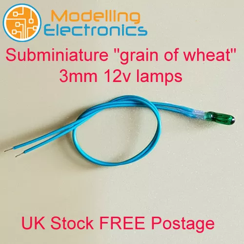 10 x Green Subminiature Grain of Wheat Bulb / Lamp 12v 3mm 120mm wire leads