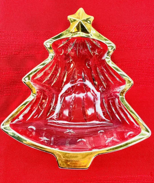 Vintage Mikasa Crystal Christmas Tree Dish Candy /Sweets With Gold Trim 6" Japan